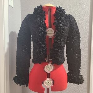 VTG Estelle Gracer Black Fringe Crocheted Cardigan Size S/M